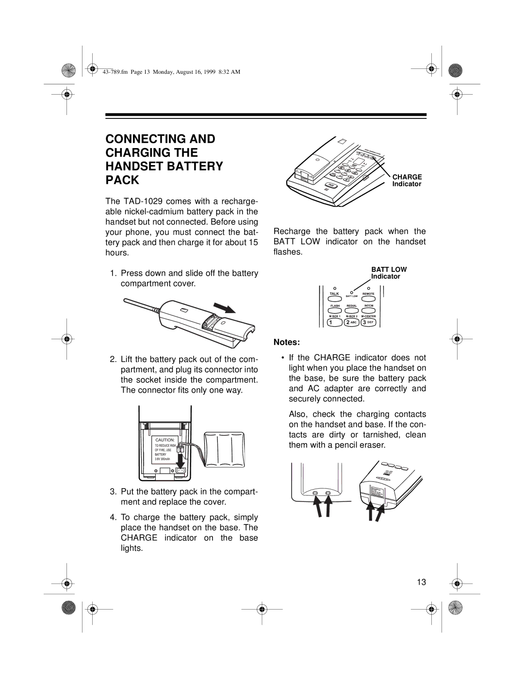 Radio Shack TAD-1029 owner manual Connecting and Charging the Handset Battery Pack 