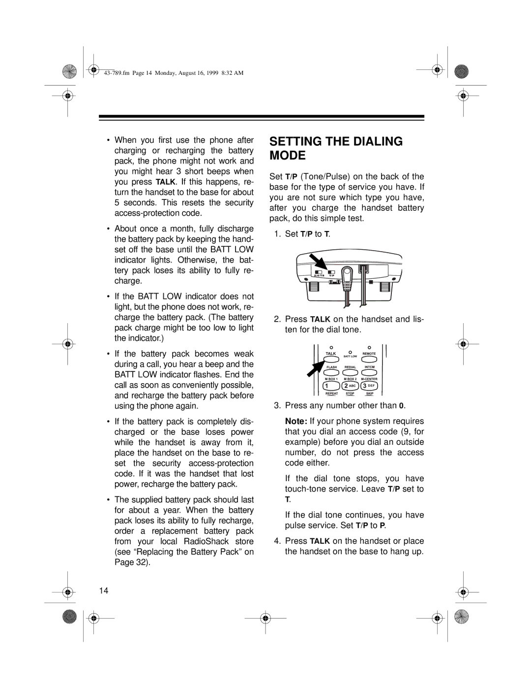 Radio Shack TAD-1029 owner manual Setting the Dialing Mode 