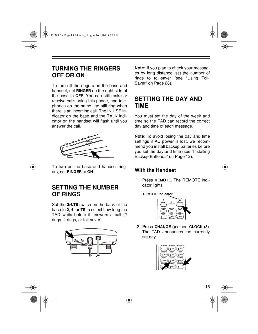 Radio Shack TAD-1029 owner manual Turning the Ringers OFF or on, Setting the Number of Rings, Setting the DAY and Time 