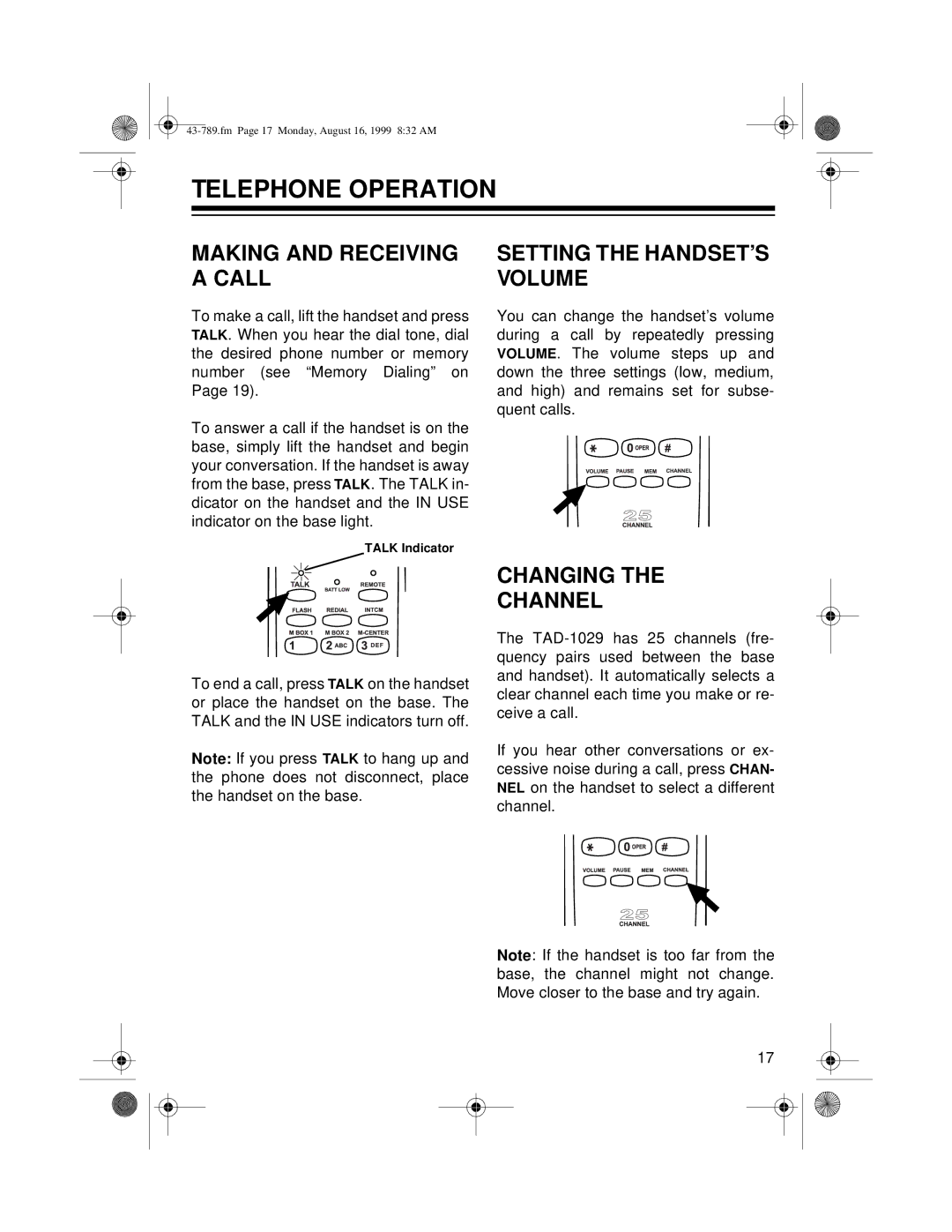 Radio Shack TAD-1029 Telephone Operation, Making and Receiving a Call, Setting the HANDSET’S Volume, Changing Channel 