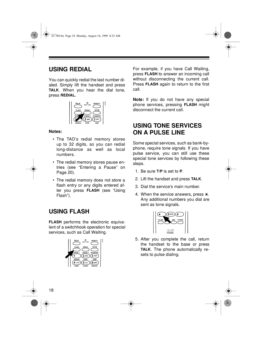 Radio Shack TAD-1029 owner manual Using Redial, Using Flash 