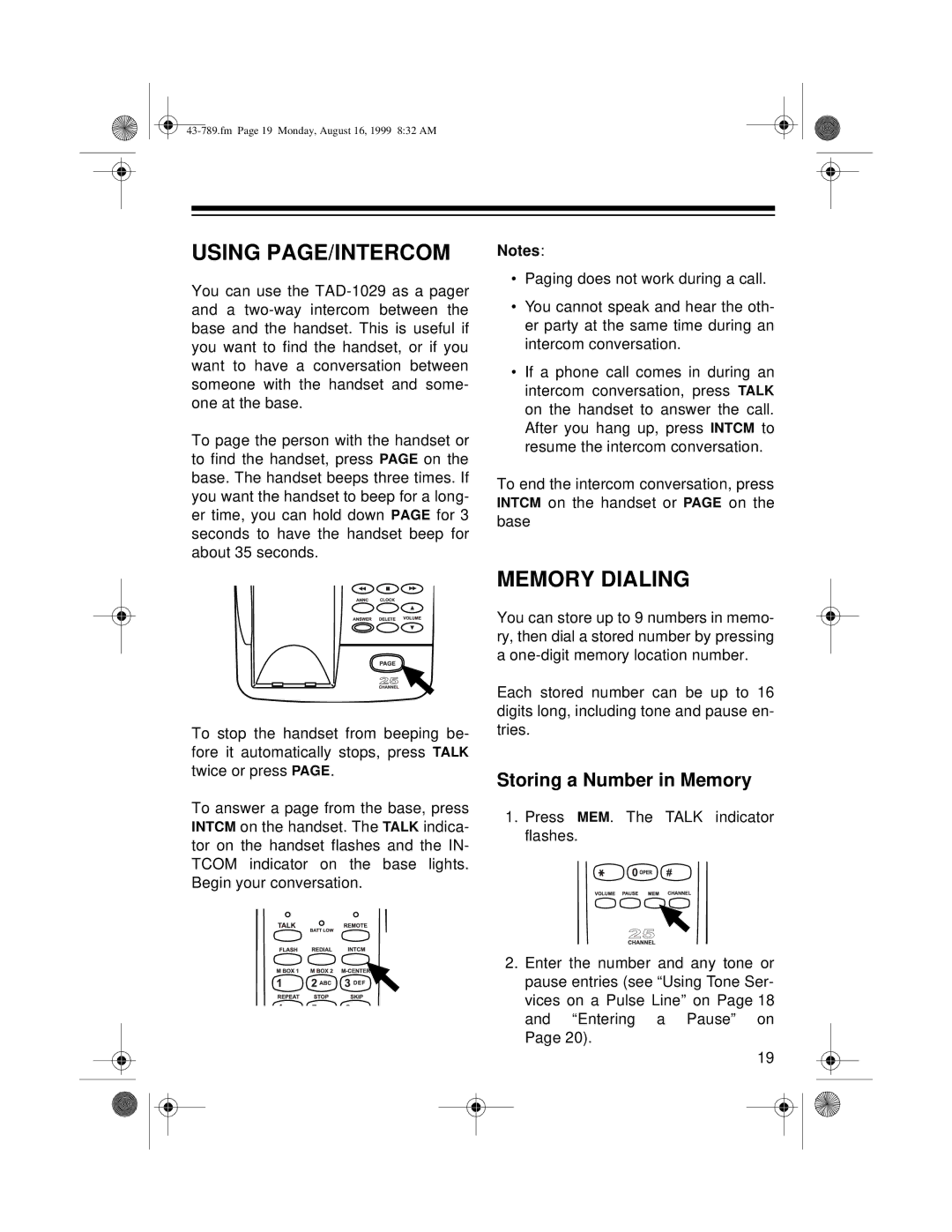 Radio Shack TAD-1029 owner manual Using PAGE/INTERCOM, Memory Dialing, Storing a Number in Memory 