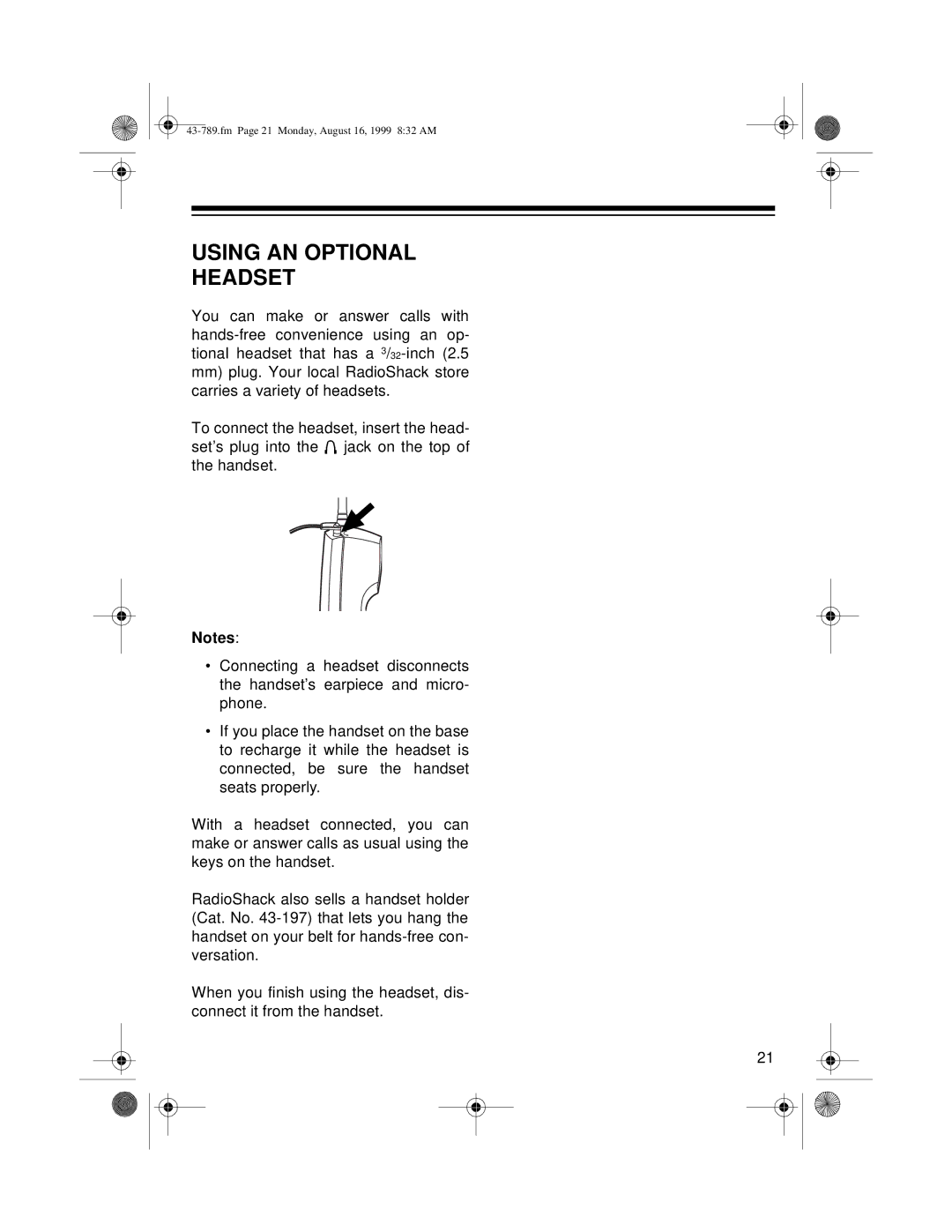 Radio Shack TAD-1029 owner manual Using AN Optional Headset 