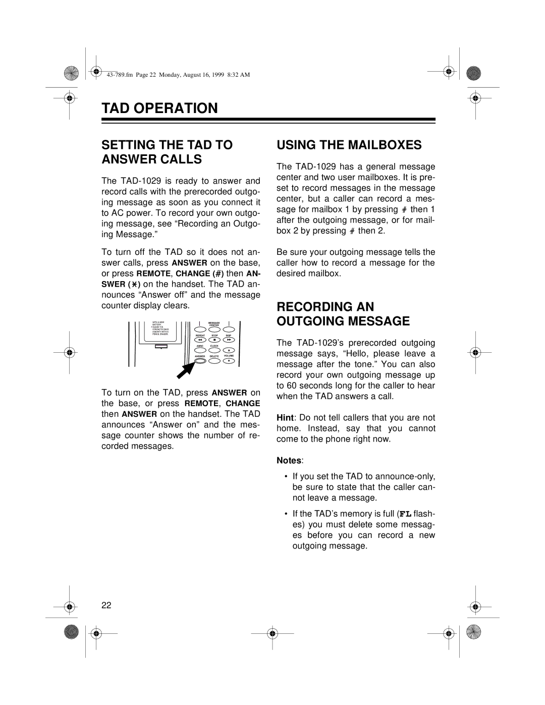 Radio Shack TAD-1029 owner manual TAD Operation, Setting the TAD to Answer Calls, Using the Mailboxes 