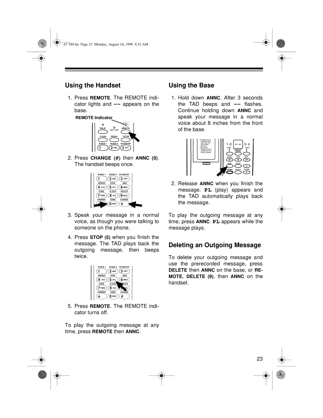 Radio Shack TAD-1029 owner manual Using the Handset, Using the Base, Deleting an Outgoing Message 