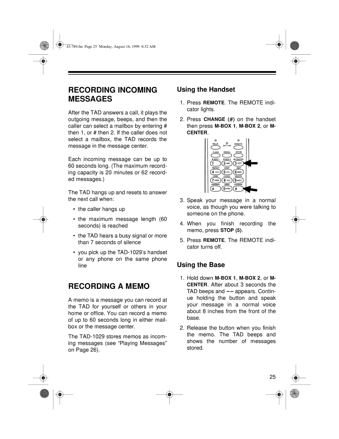 Radio Shack TAD-1029 owner manual Recording Incoming Messages, Recording a Memo 