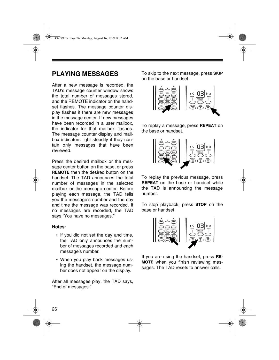 Radio Shack TAD-1029 owner manual Playing Messages 