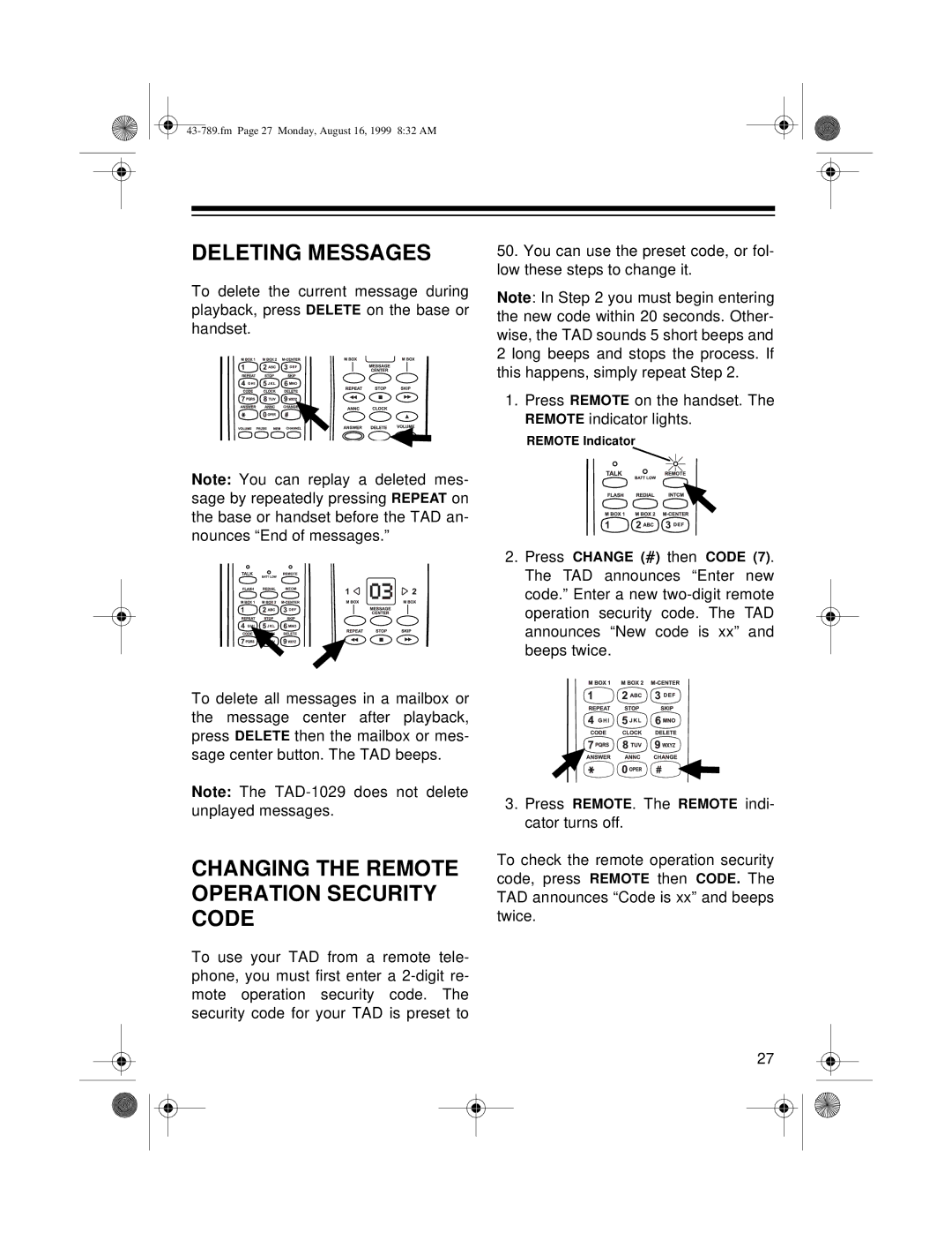 Radio Shack TAD-1029 owner manual Deleting Messages, Changing the Remote Operation Security Code 