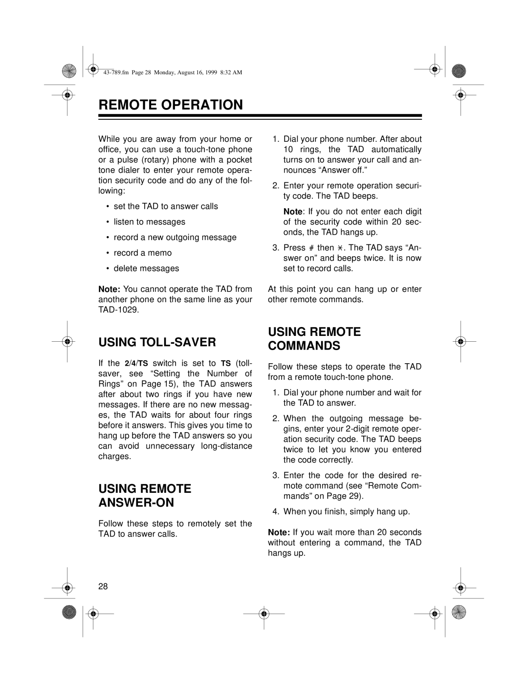 Radio Shack TAD-1029 owner manual Remote Operation, Using TOLL-SAVER, Using Remote ANSWER-ON, Using Remote Commands 