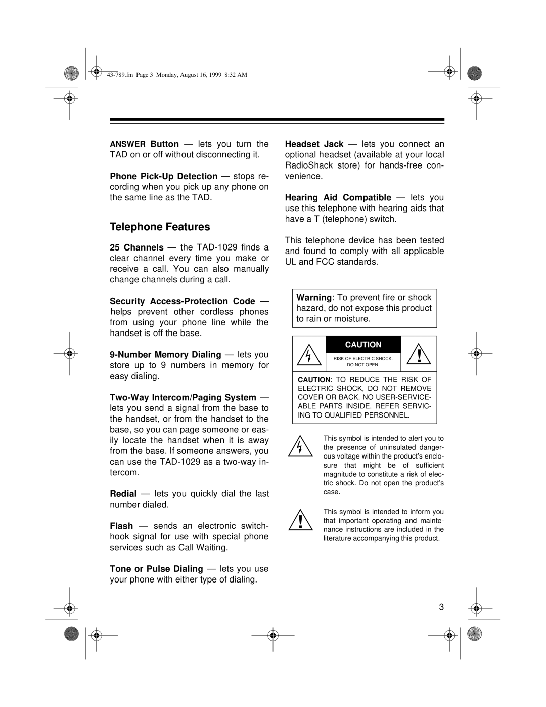 Radio Shack TAD-1029 owner manual Telephone Features 