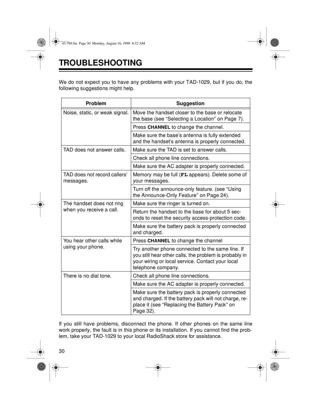 Radio Shack TAD-1029 owner manual Troubleshooting, Problem Suggestion 