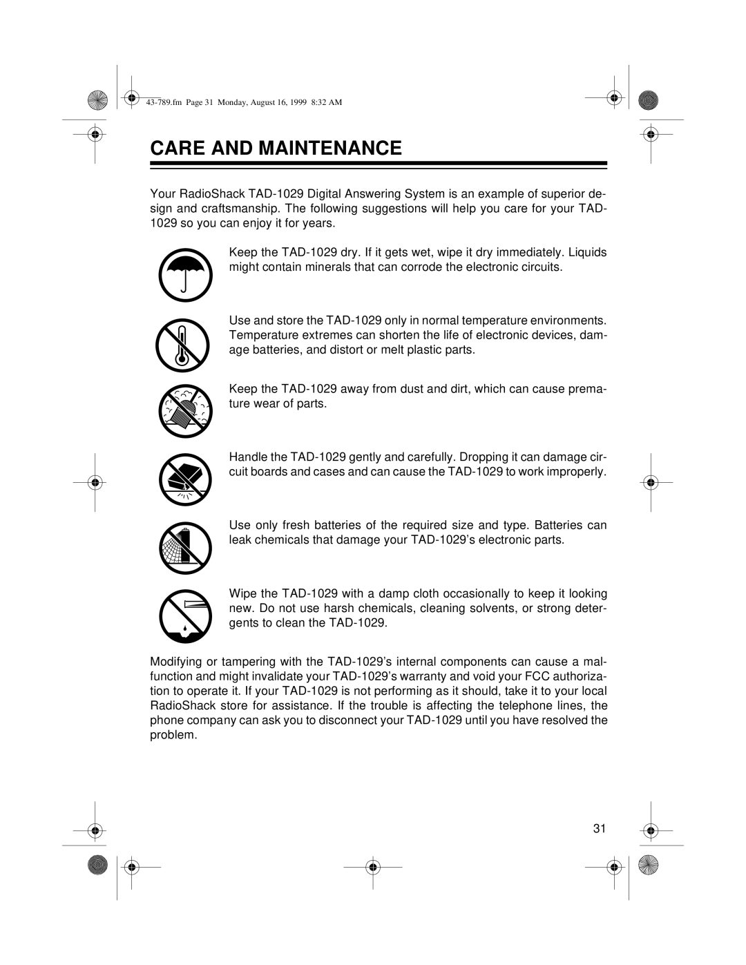 Radio Shack TAD-1029 owner manual Care and Maintenance 