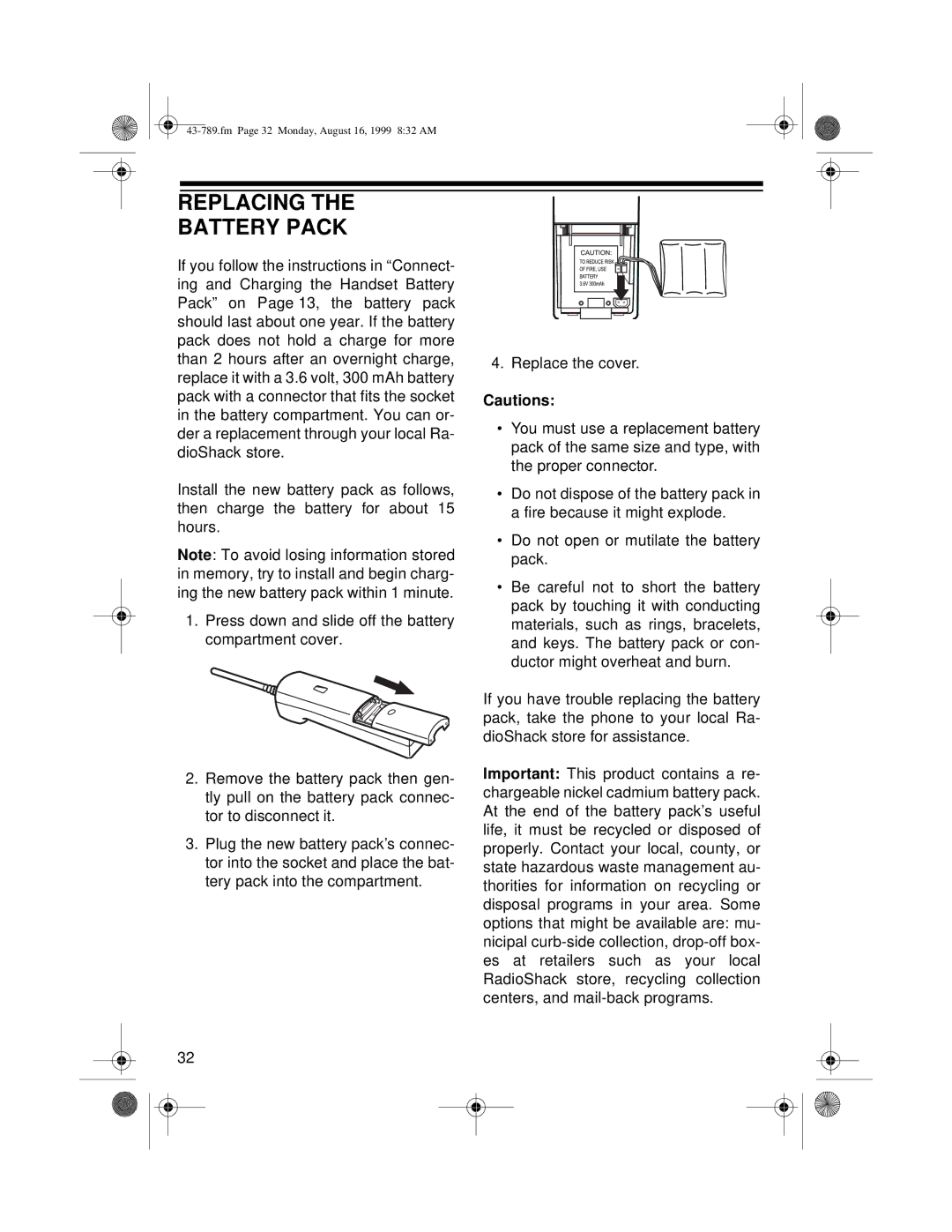 Radio Shack TAD-1029 owner manual Replacing Battery Pack 