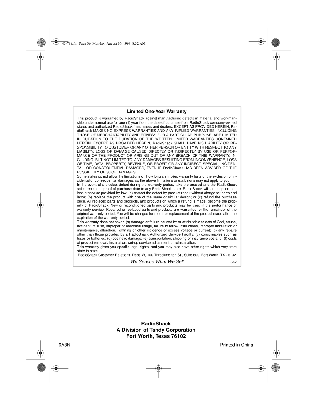 Radio Shack TAD-1029 owner manual RadioShack Division of Tandy Corporation Fort Worth, Texas 