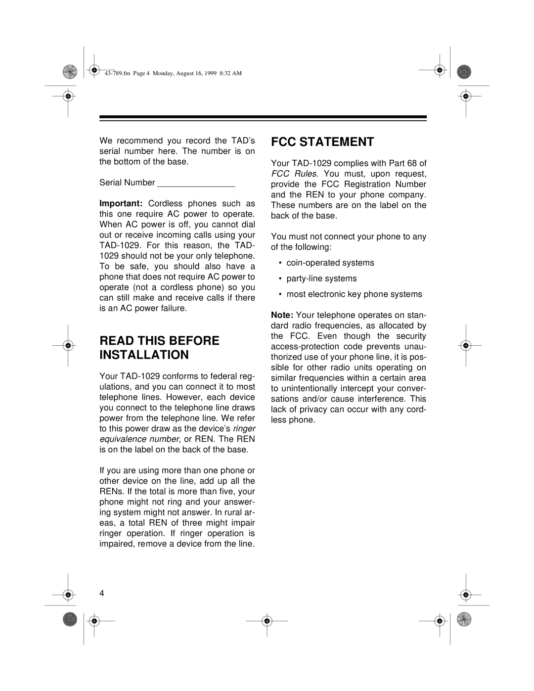 Radio Shack TAD-1029 owner manual Read this Before Installation, FCC Statement 