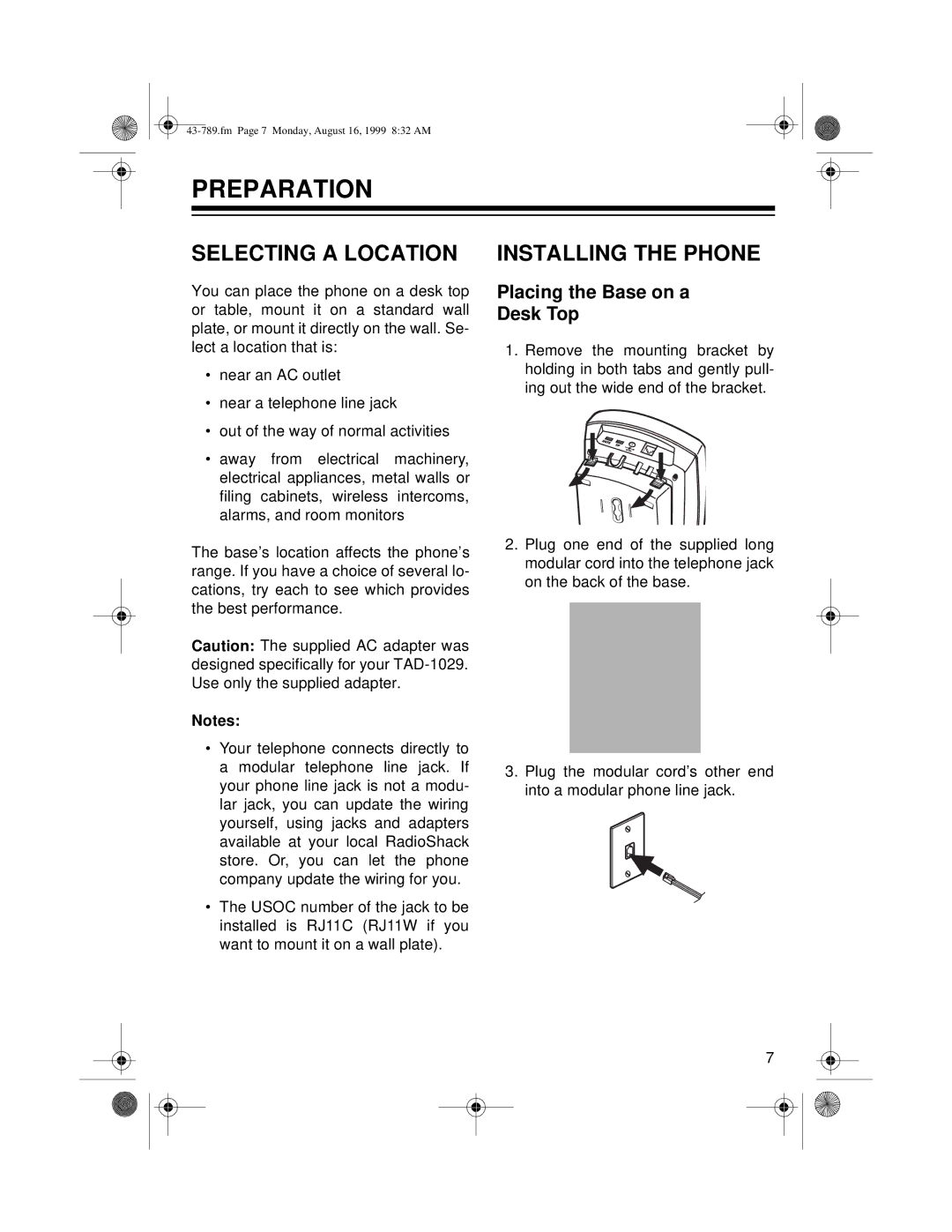 Radio Shack TAD-1029 owner manual Preparation, Selecting a Location, Installing the Phone, Placing the Base on a Desk Top 