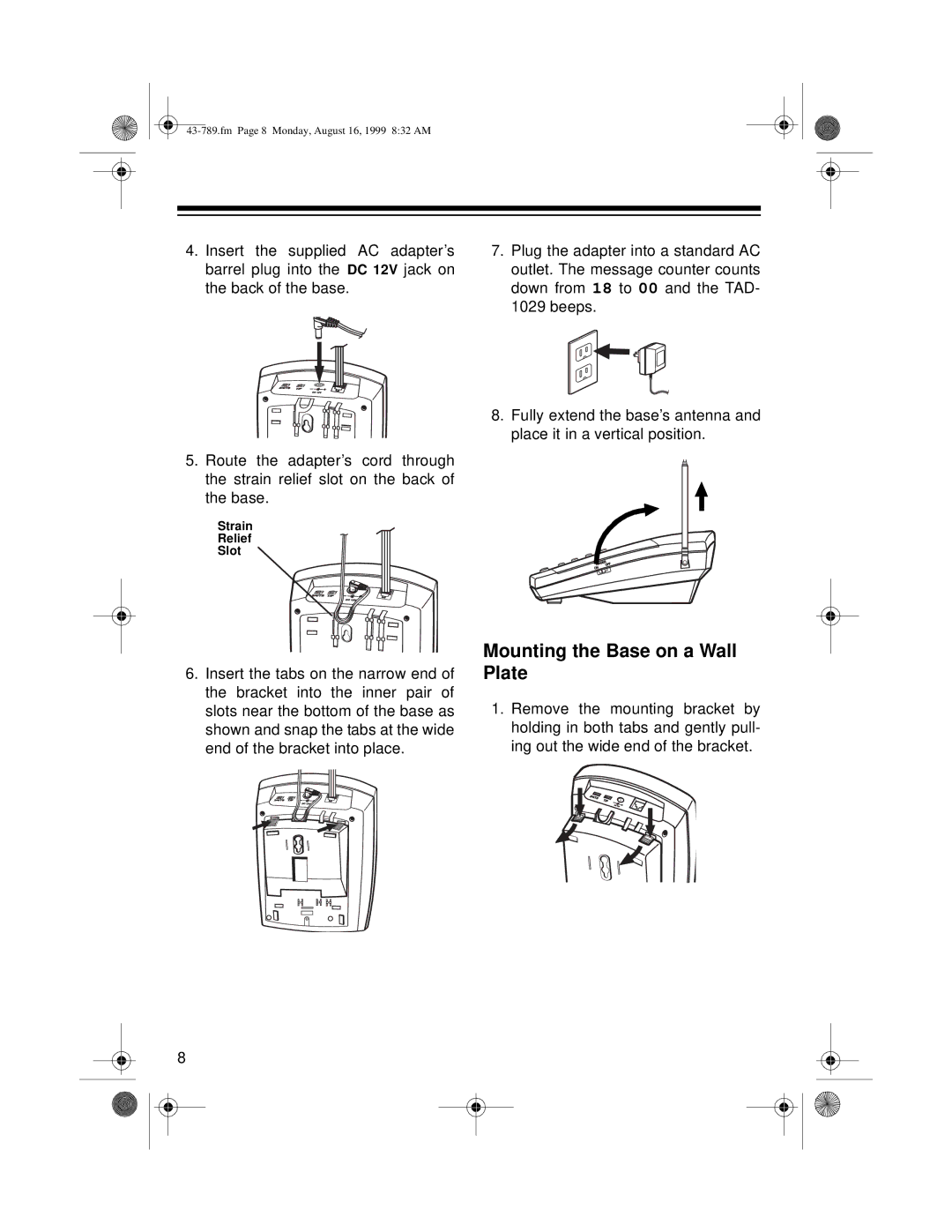 Radio Shack TAD-1029 owner manual Mounting the Base on a Wall Plate 