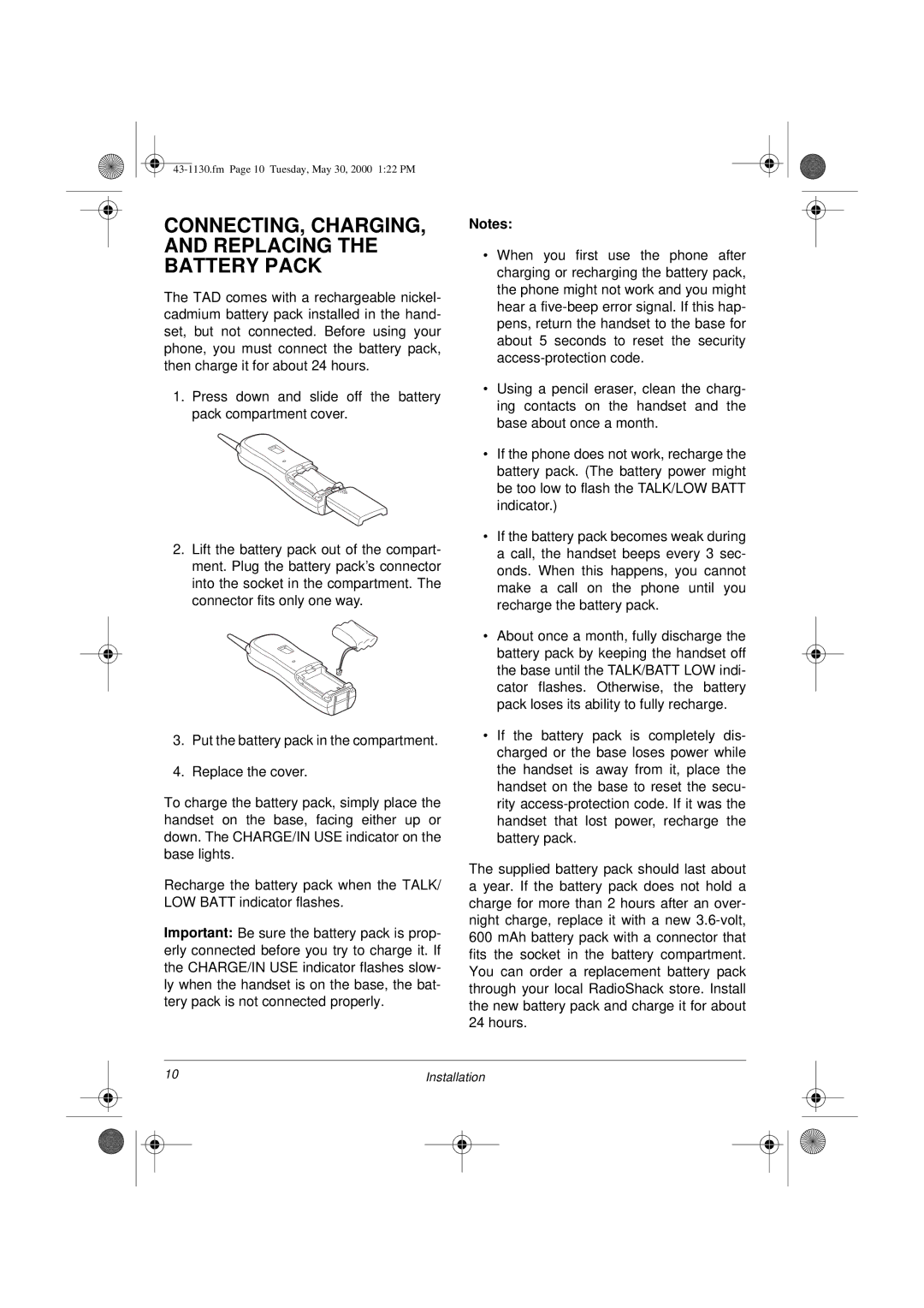 Radio Shack TAD 1130 owner manual CONNECTING, CHARGING, and Replacing the Battery Pack 