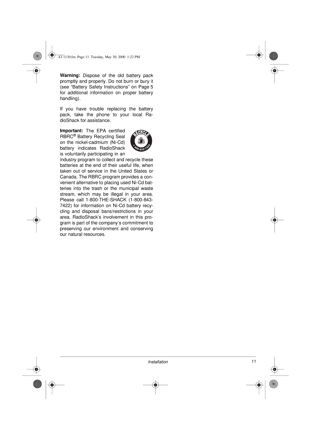 Radio Shack TAD 1130 owner manual Installation 