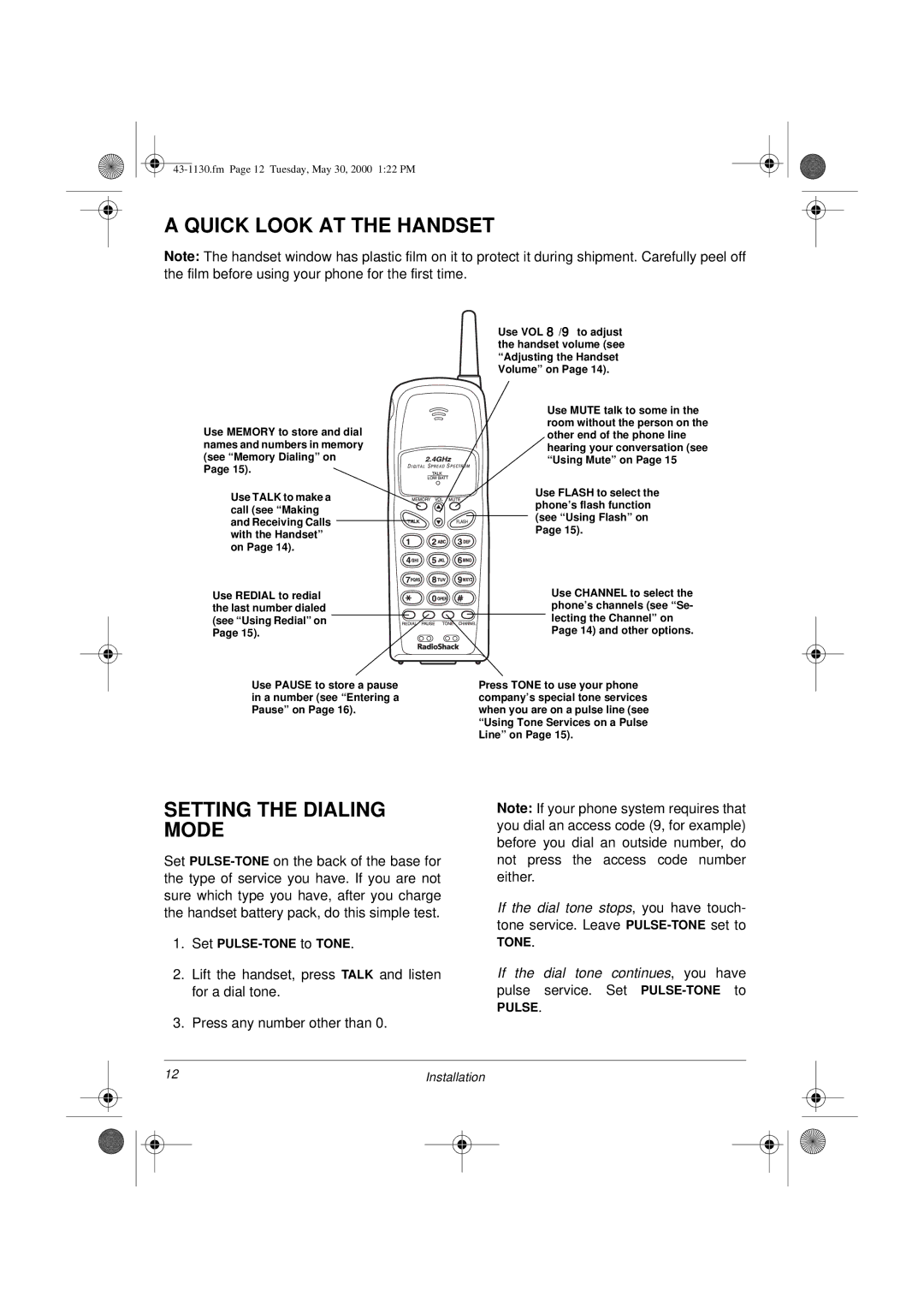 Radio Shack TAD 1130 owner manual Quick Look AT the Handset, Setting the Dialing Mode 