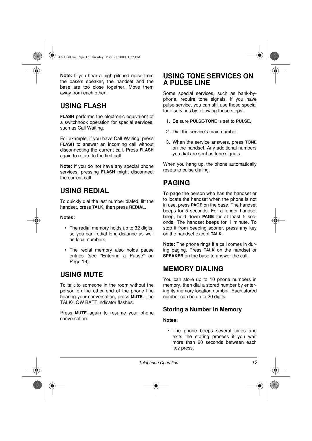 Radio Shack TAD 1130 Using Flash, Using Redial, Using Mute, Using Tone Services on a Pulse Line, Paging, Memory Dialing 