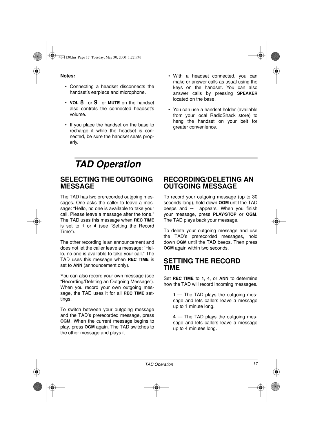 Radio Shack TAD 1130 owner manual TAD Operation, Selecting the Outgoing Message, RECORDING/DELETING AN Outgoing Message 