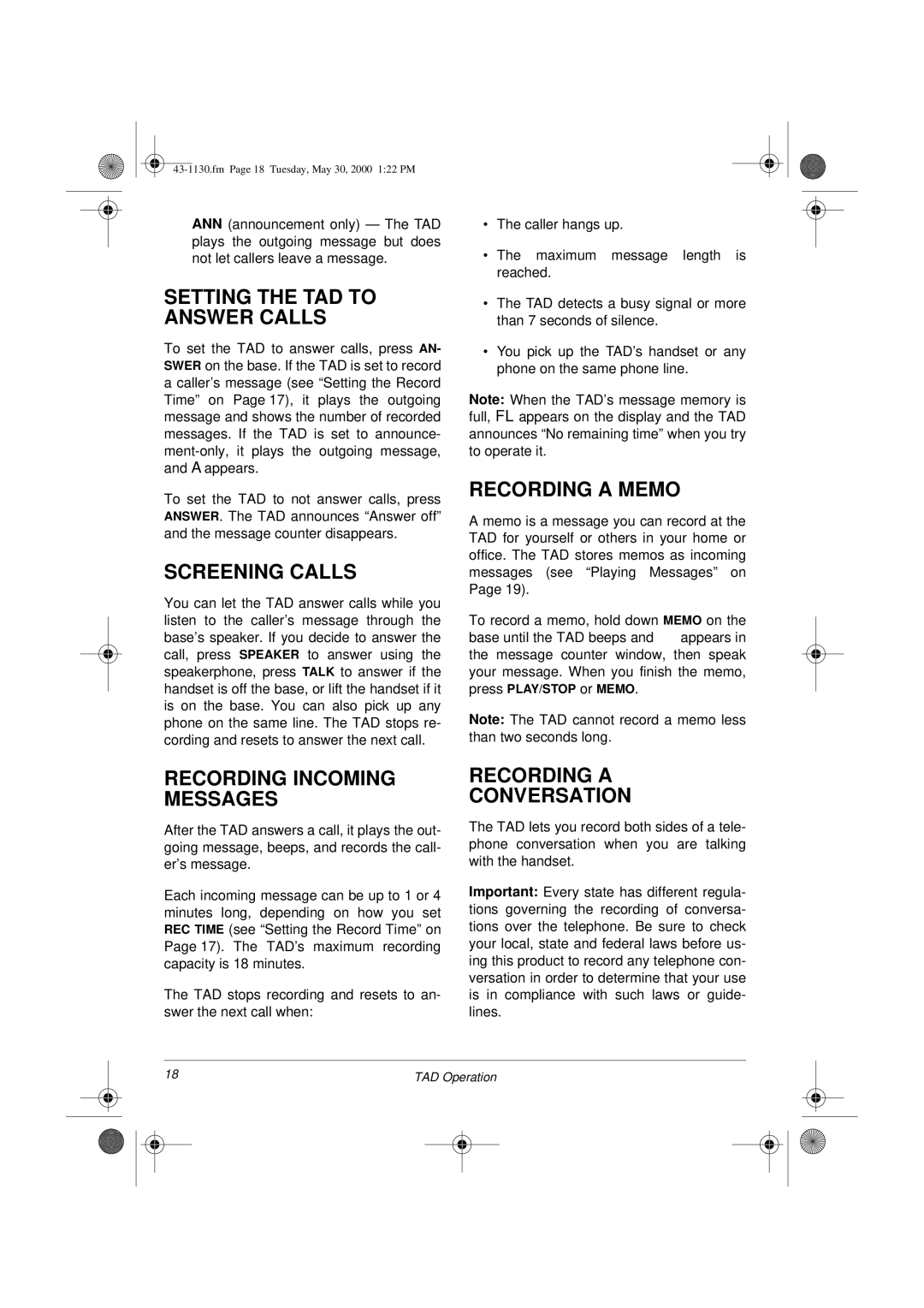 Radio Shack TAD 1130 Setting the TAD to Answer Calls, Screening Calls, Recording a Memo, Recording Incoming Messages 