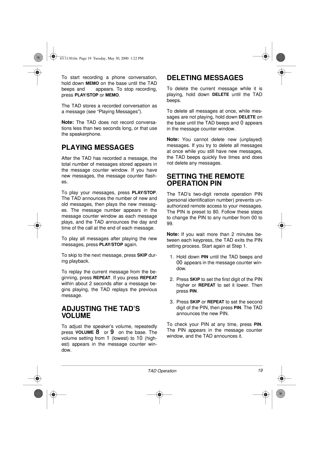 Radio Shack TAD 1130 Playing Messages, Adjusting the TAD’S Volume, Deleting Messages, Setting the Remote Operation PIN 