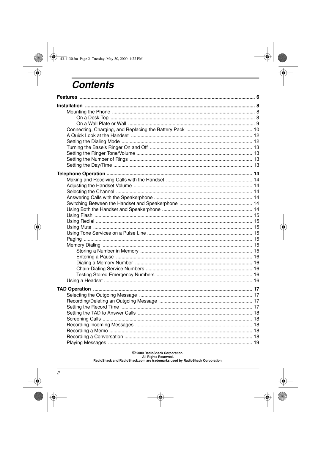 Radio Shack TAD 1130 owner manual Contents 