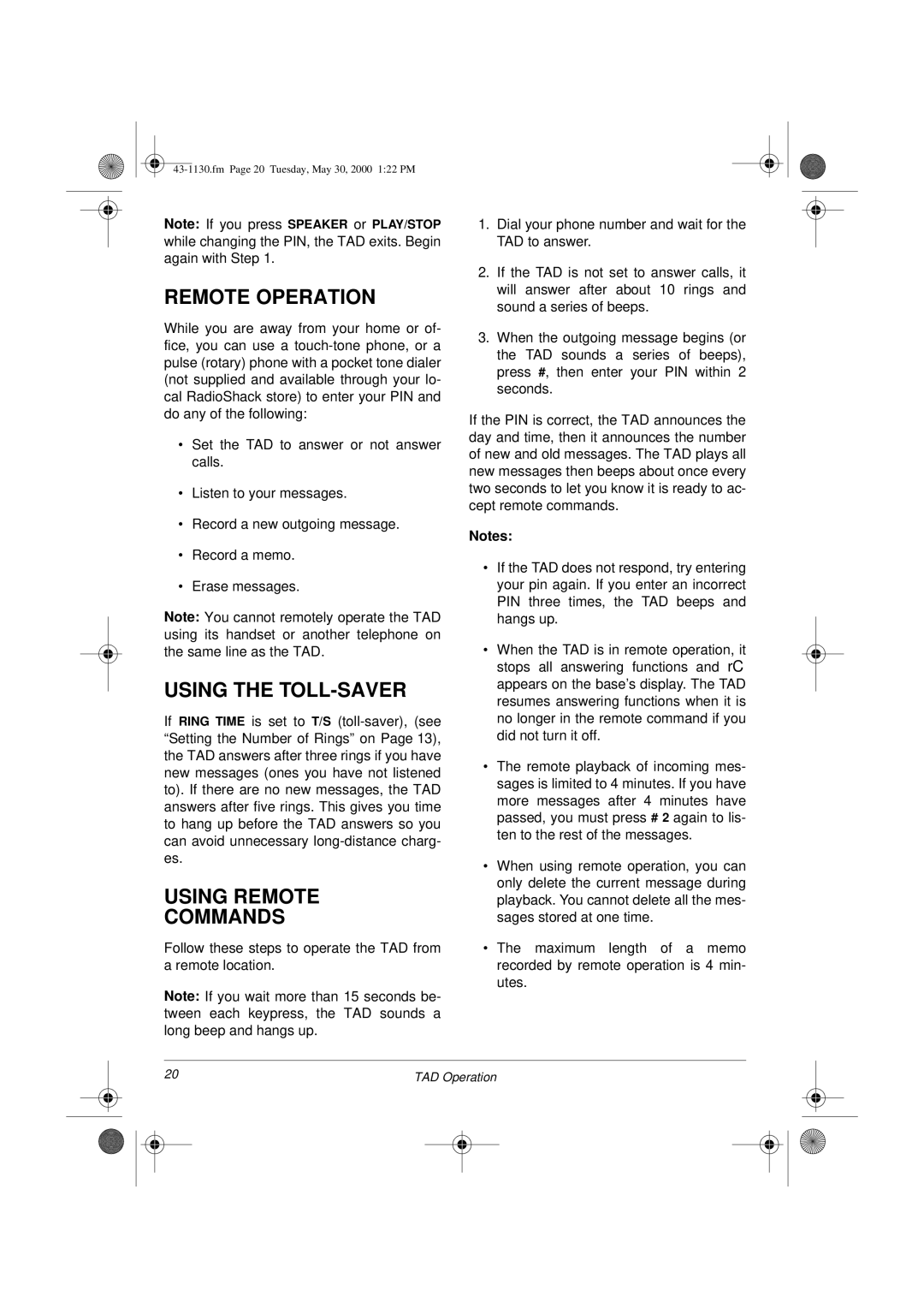 Radio Shack TAD 1130 owner manual Remote Operation, Using the TOLL-SAVER, Using Remote Commands 