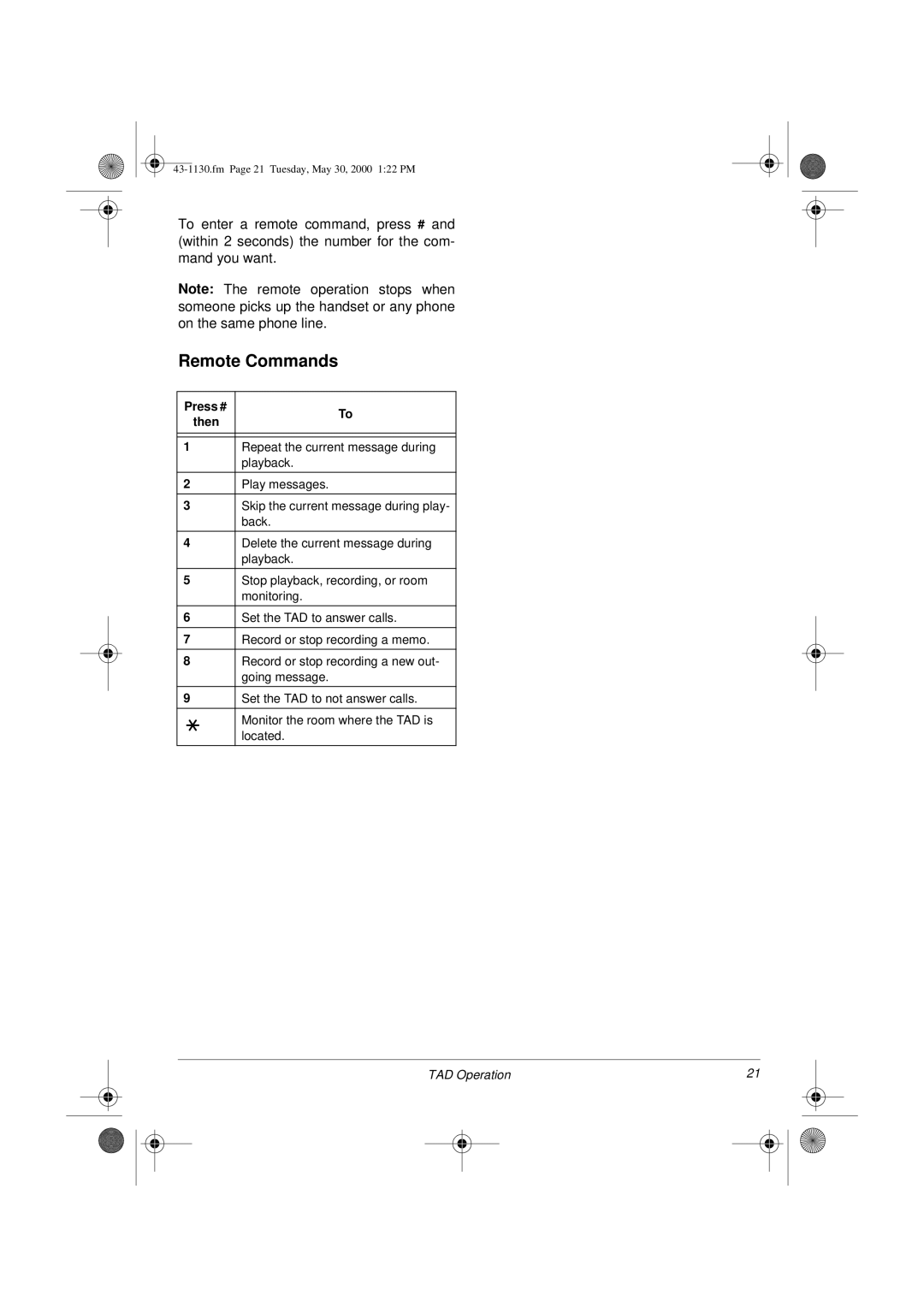 Radio Shack TAD 1130 owner manual Remote Commands, Press # Then 