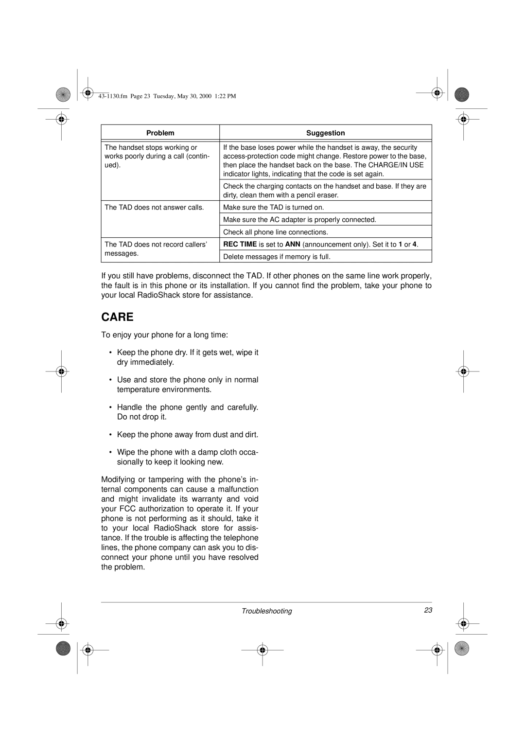 Radio Shack TAD 1130 owner manual Care 