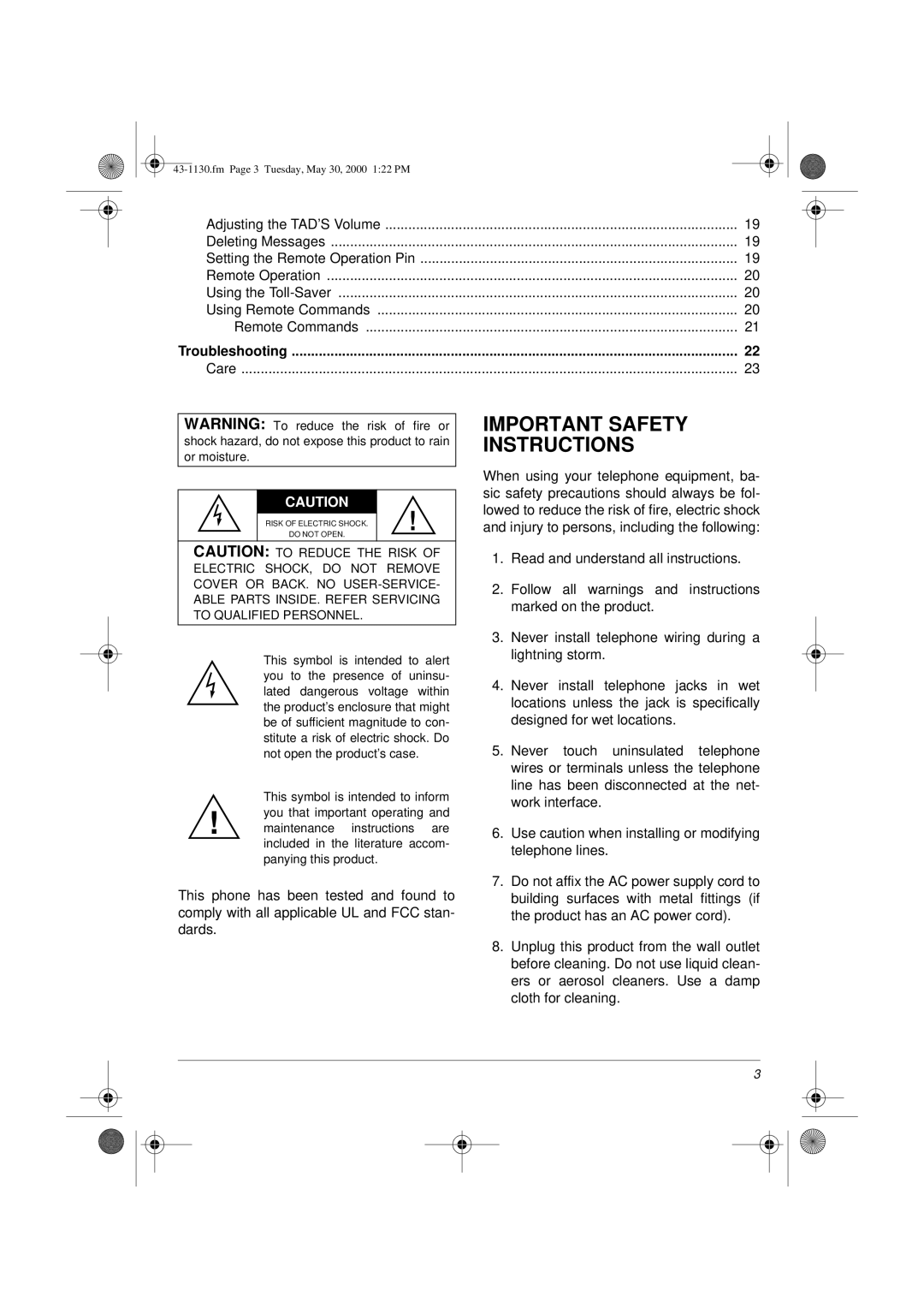 Radio Shack TAD 1130 owner manual Important Safety Instructions, Troubleshooting 