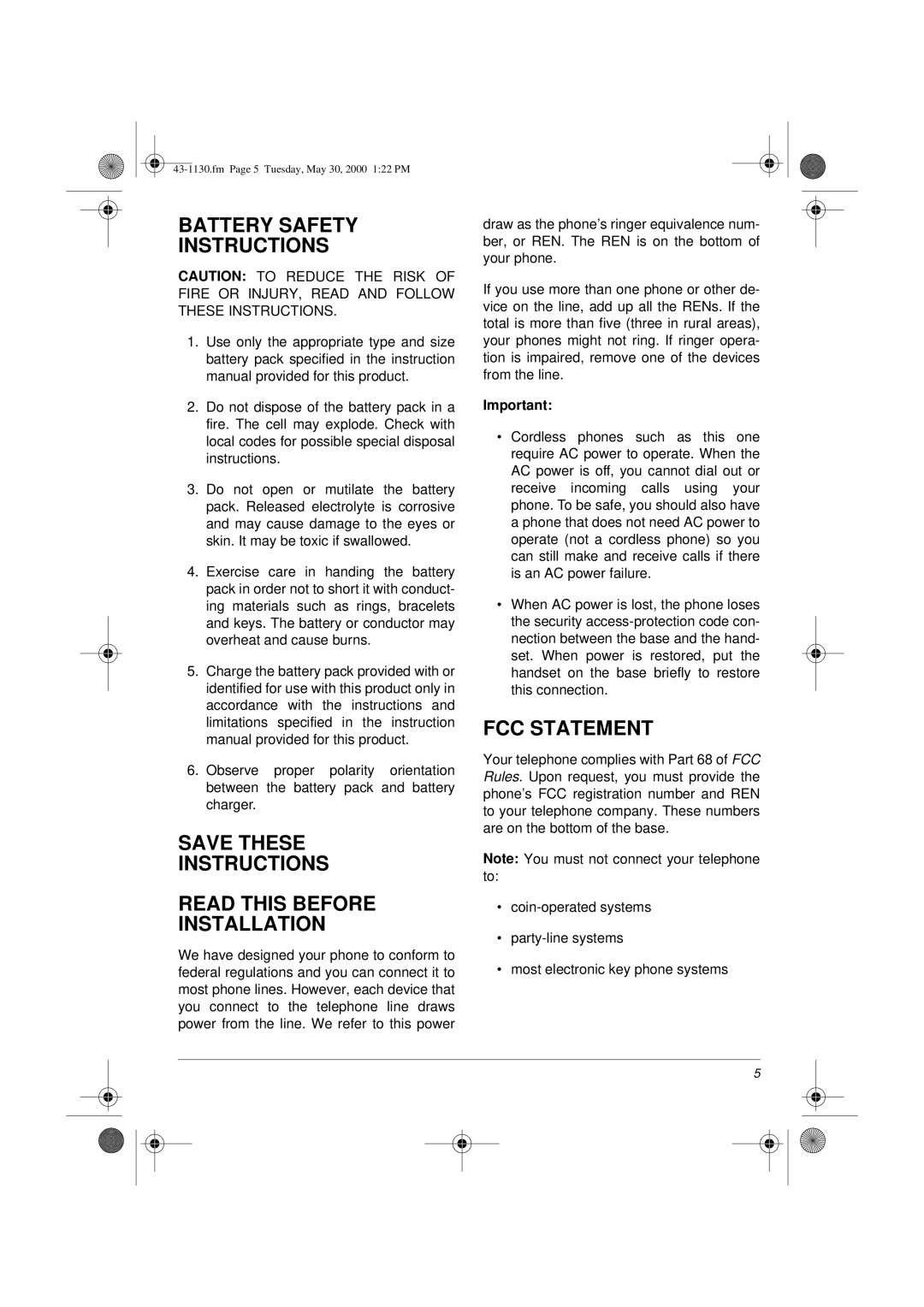 Radio Shack TAD 1130 Battery Safety Instructions, Save These Instructions Read this Before Installation, FCC Statement 