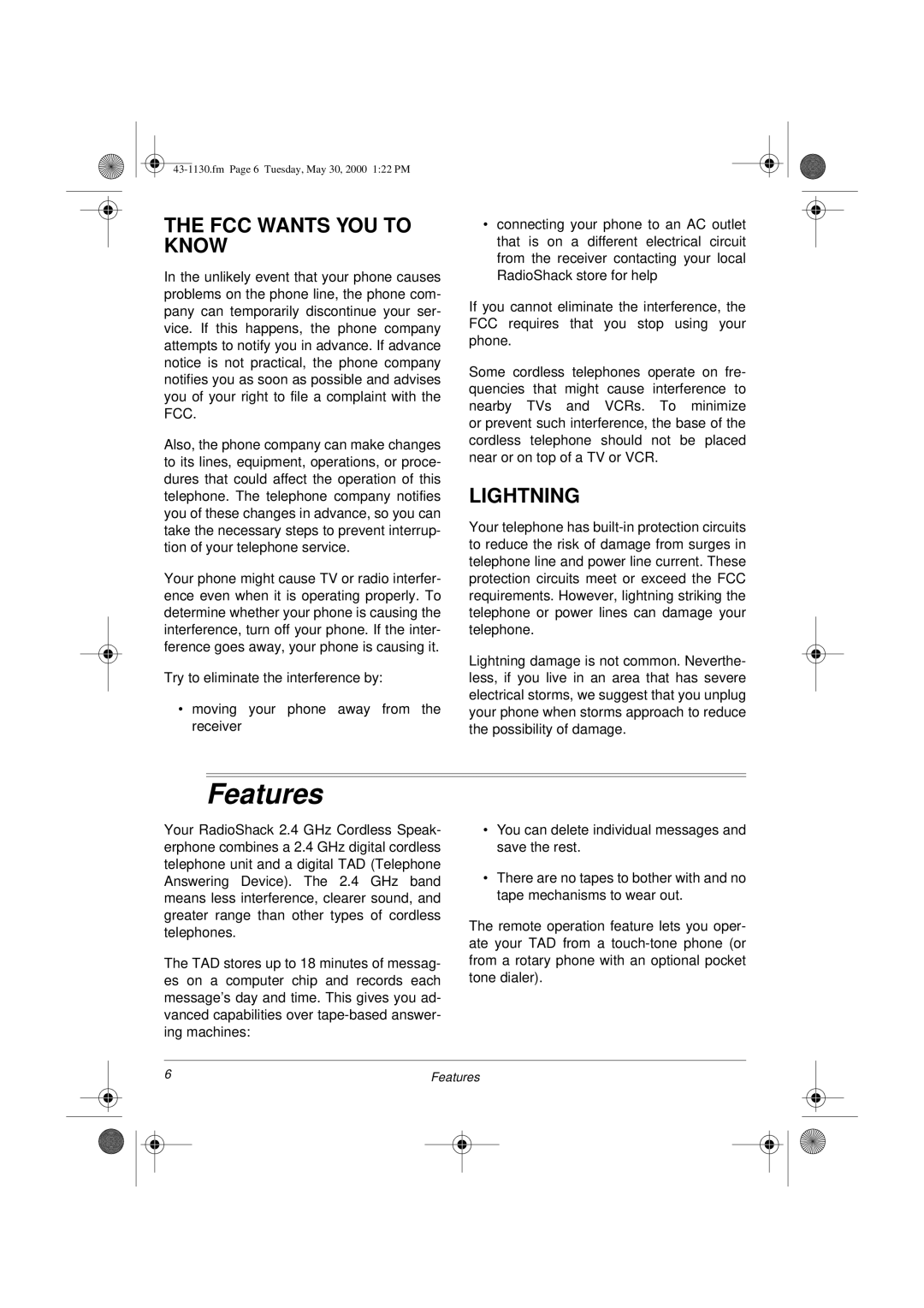 Radio Shack TAD 1130 owner manual Features, FCC Wants YOU to Know, Lightning 