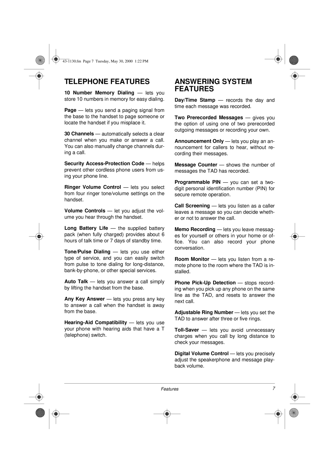 Radio Shack TAD 1130 owner manual Telephone Features, Answering System Features 