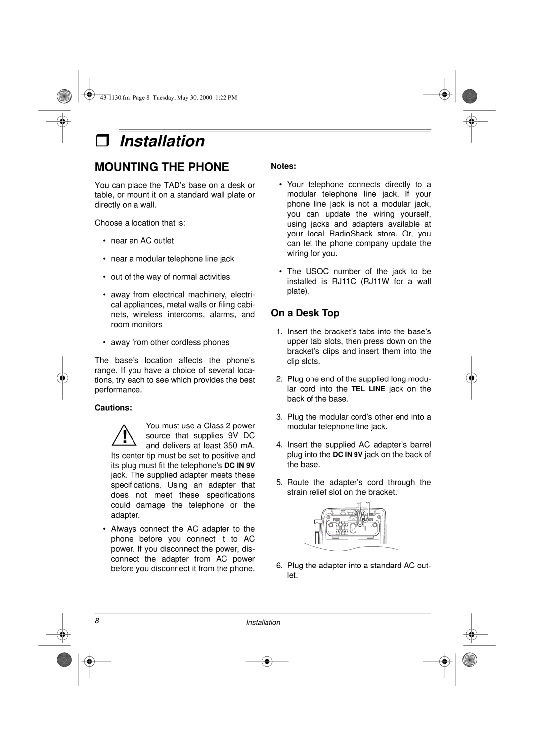 Radio Shack TAD 1130 owner manual Installation, Mounting the Phone, On a Desk Top 