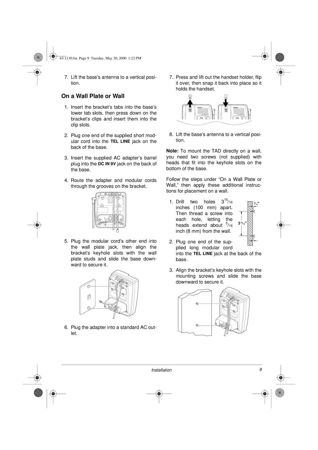 Radio Shack TAD 1130 owner manual On a Wall Plate or Wall 