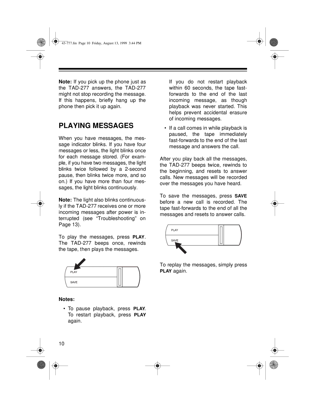 Radio Shack TAD-277 owner manual Playing Messages 