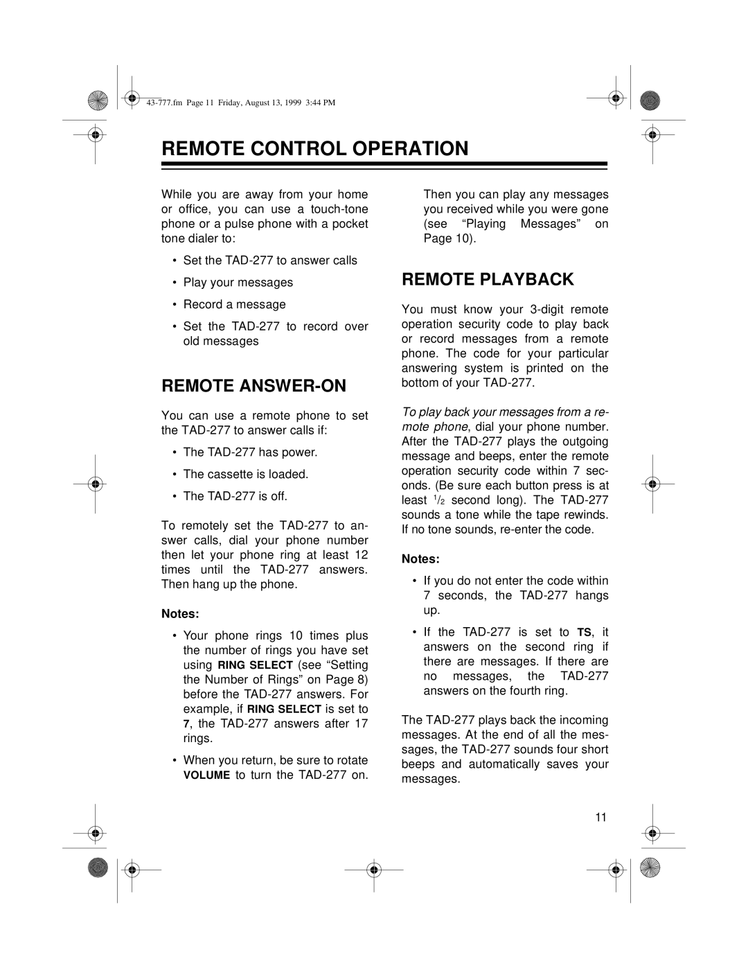 Radio Shack TAD-277 owner manual Remote Control Operation, Remote ANSWER-ON, Remote Playback 