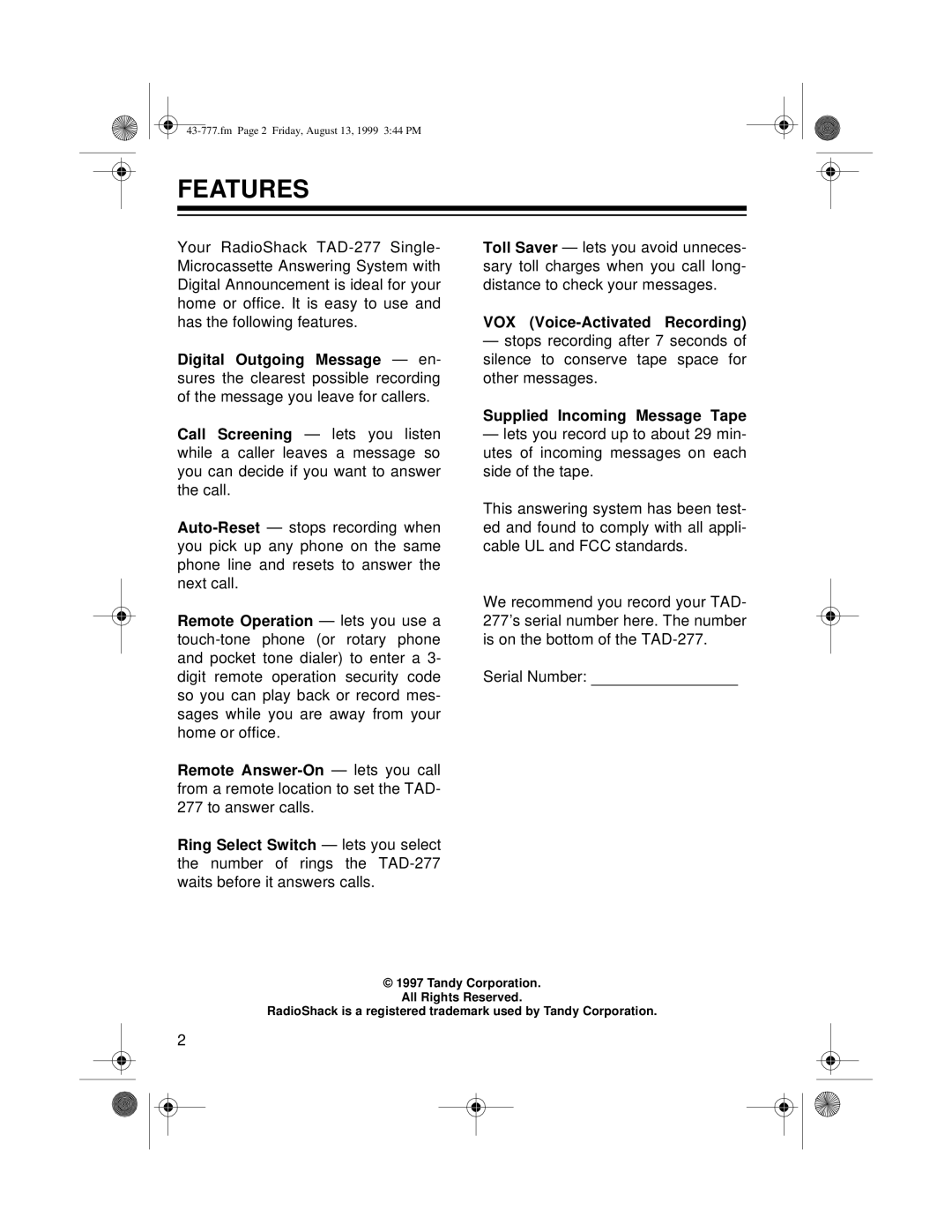 Radio Shack TAD-277 owner manual Features, Supplied Incoming Message Tape 