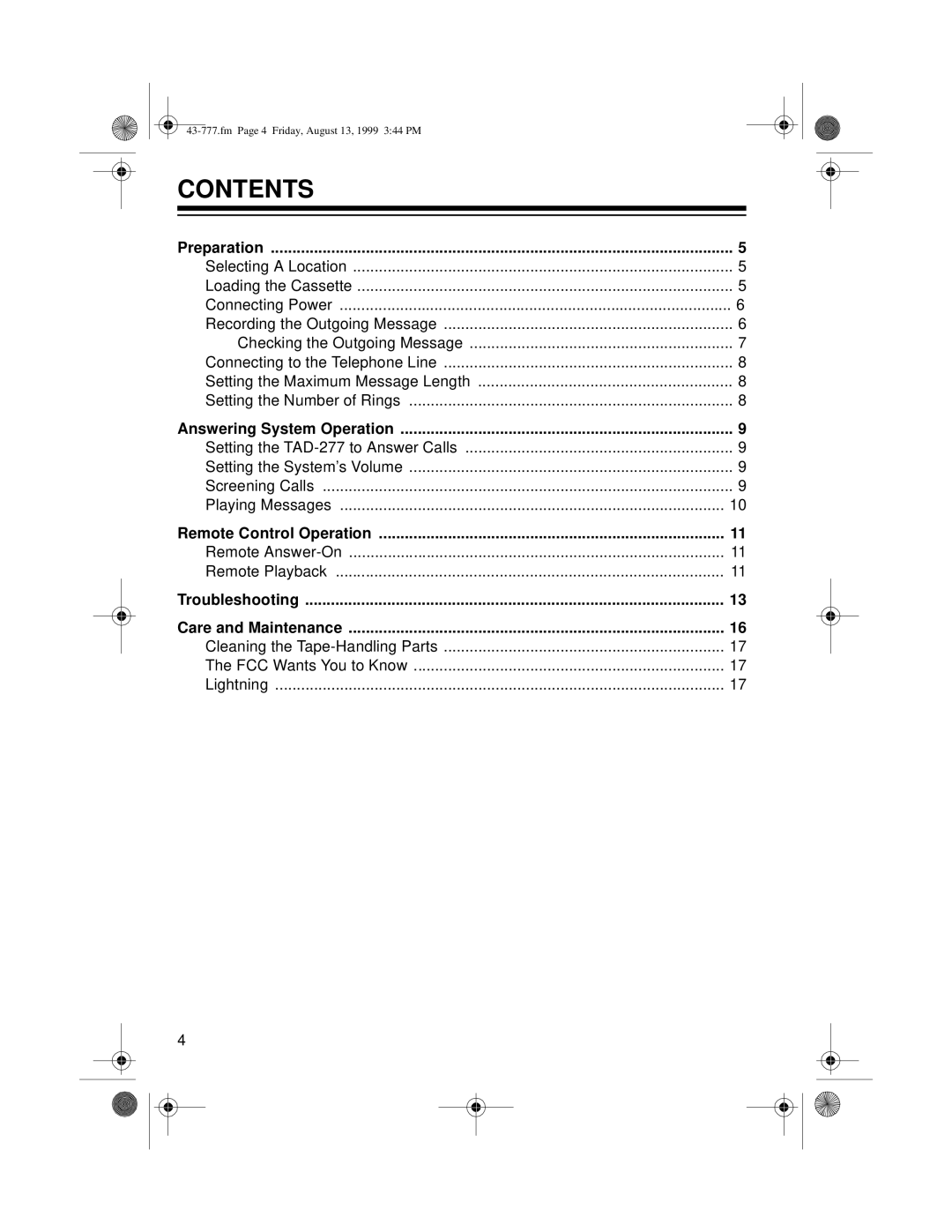 Radio Shack TAD-277 owner manual Contents 