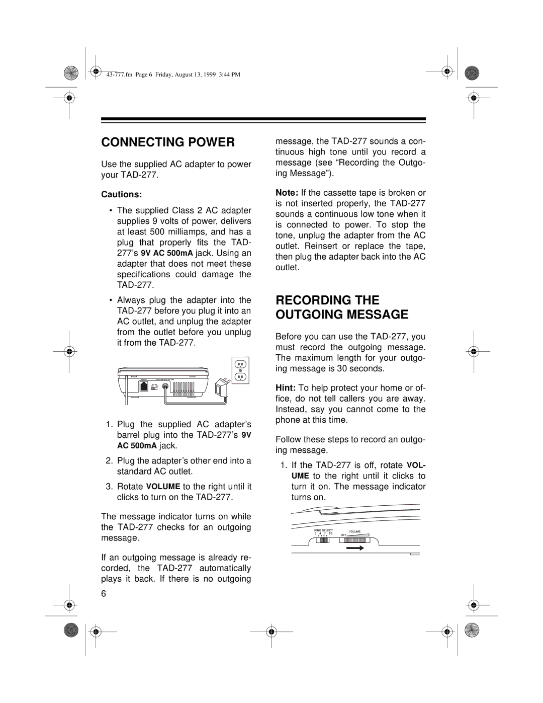 Radio Shack TAD-277 owner manual Connecting Power, Recording the Outgoing Message 