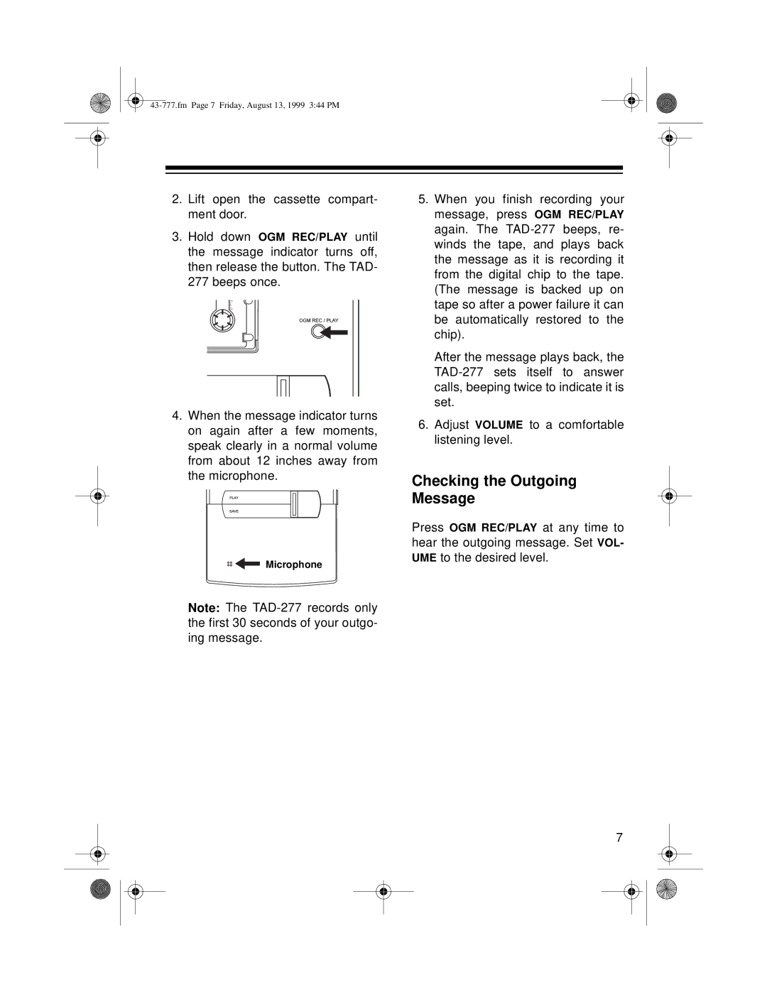 Radio Shack TAD-277 owner manual Checking the Outgoing Message 