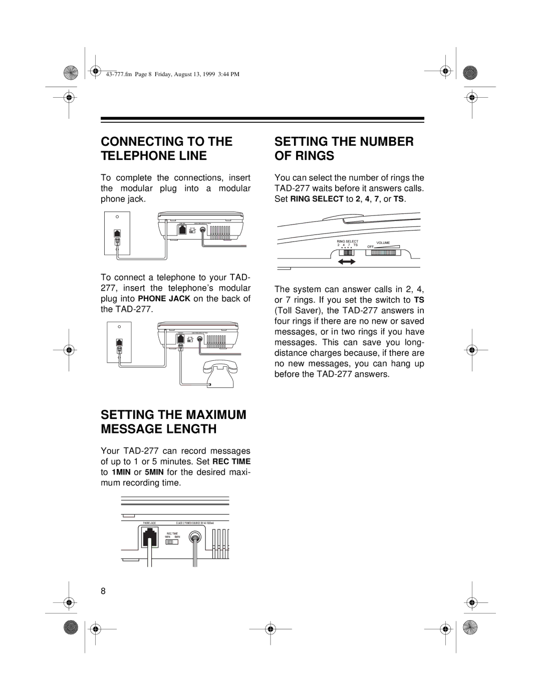 Radio Shack TAD-277 owner manual Setting the Number of Rings, Connecting to the Telephone Line 