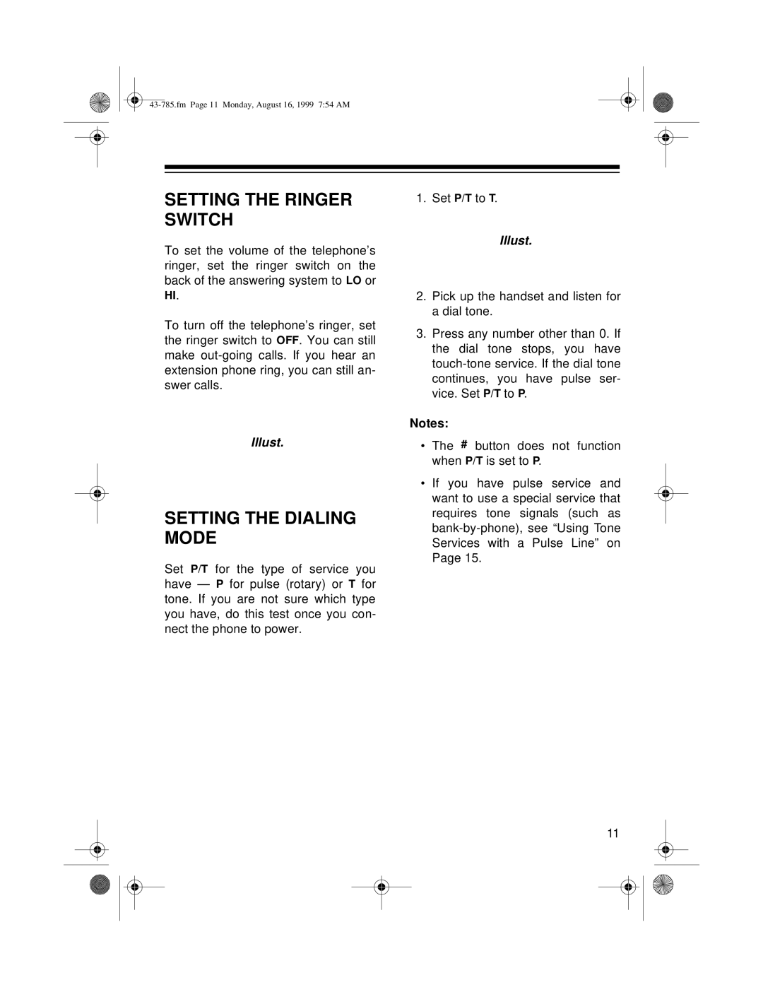 Radio Shack TAD-285 owner manual Setting the Ringer Switch, Setting the Dialing Mode 