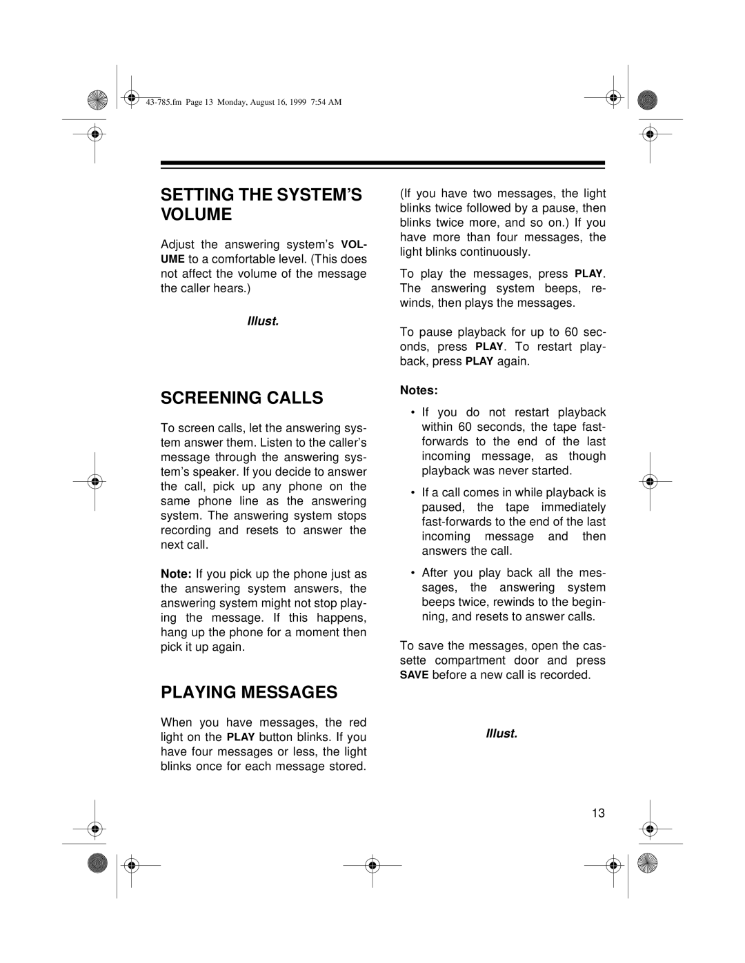 Radio Shack TAD-285 owner manual Setting the SYSTEM’S Volume, Screening Calls, Playing Messages 