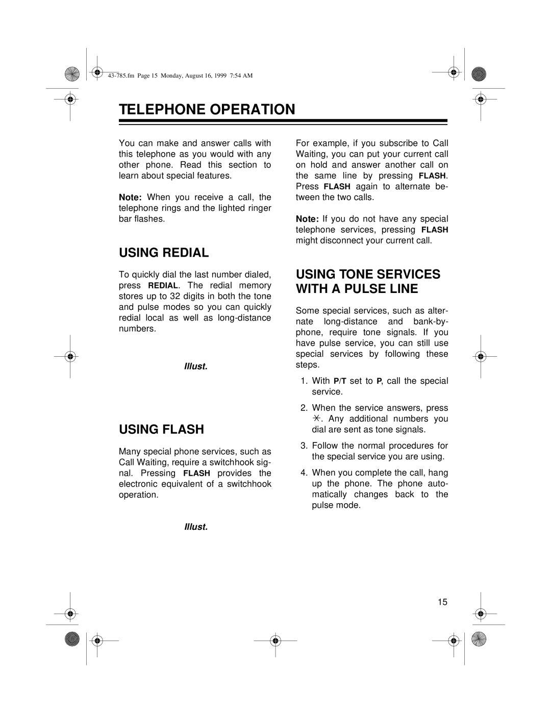 Radio Shack TAD-285 owner manual Telephone Operation, Using Redial, Using Flash 