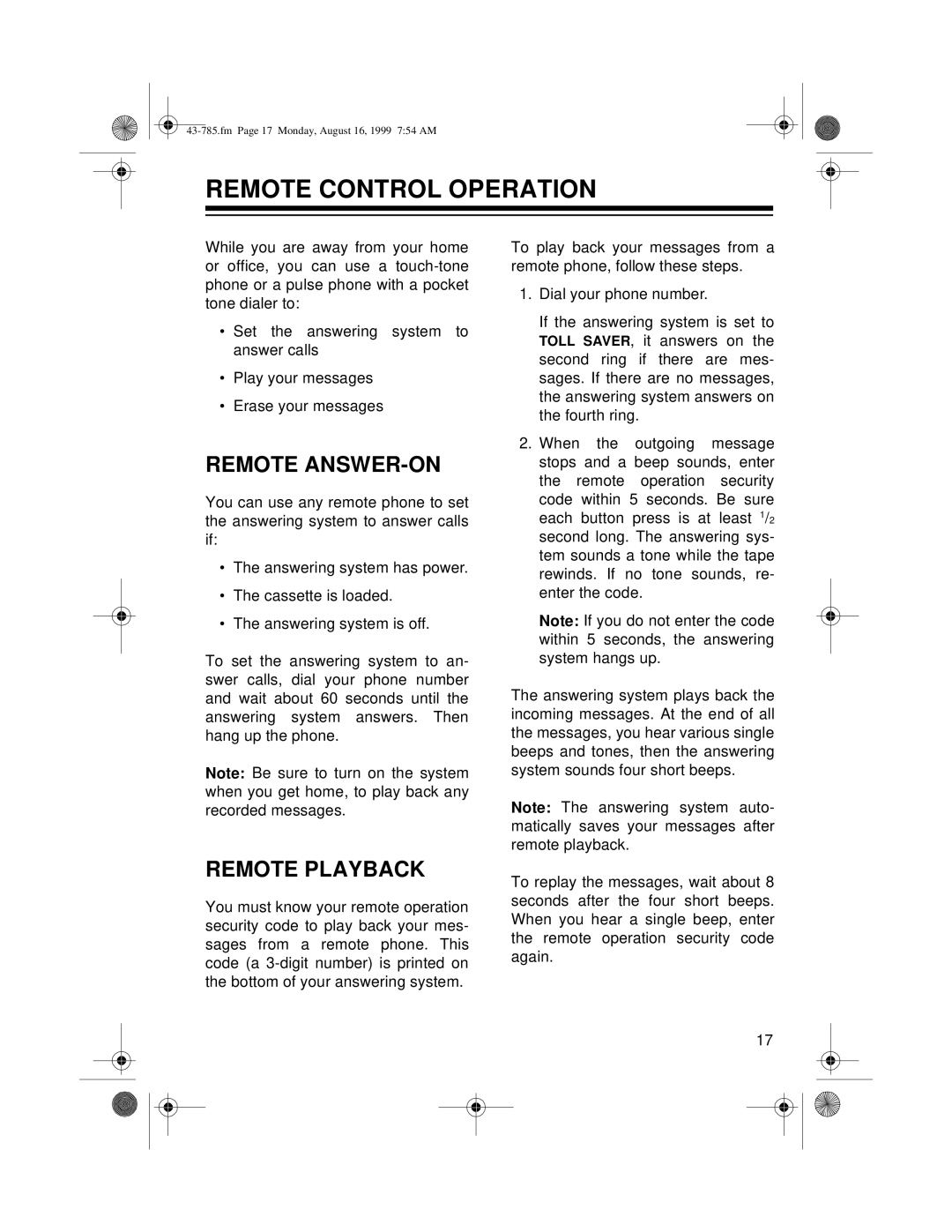 Radio Shack TAD-285 owner manual Remote Control Operation, Remote ANSWER-ON, Remote Playback 