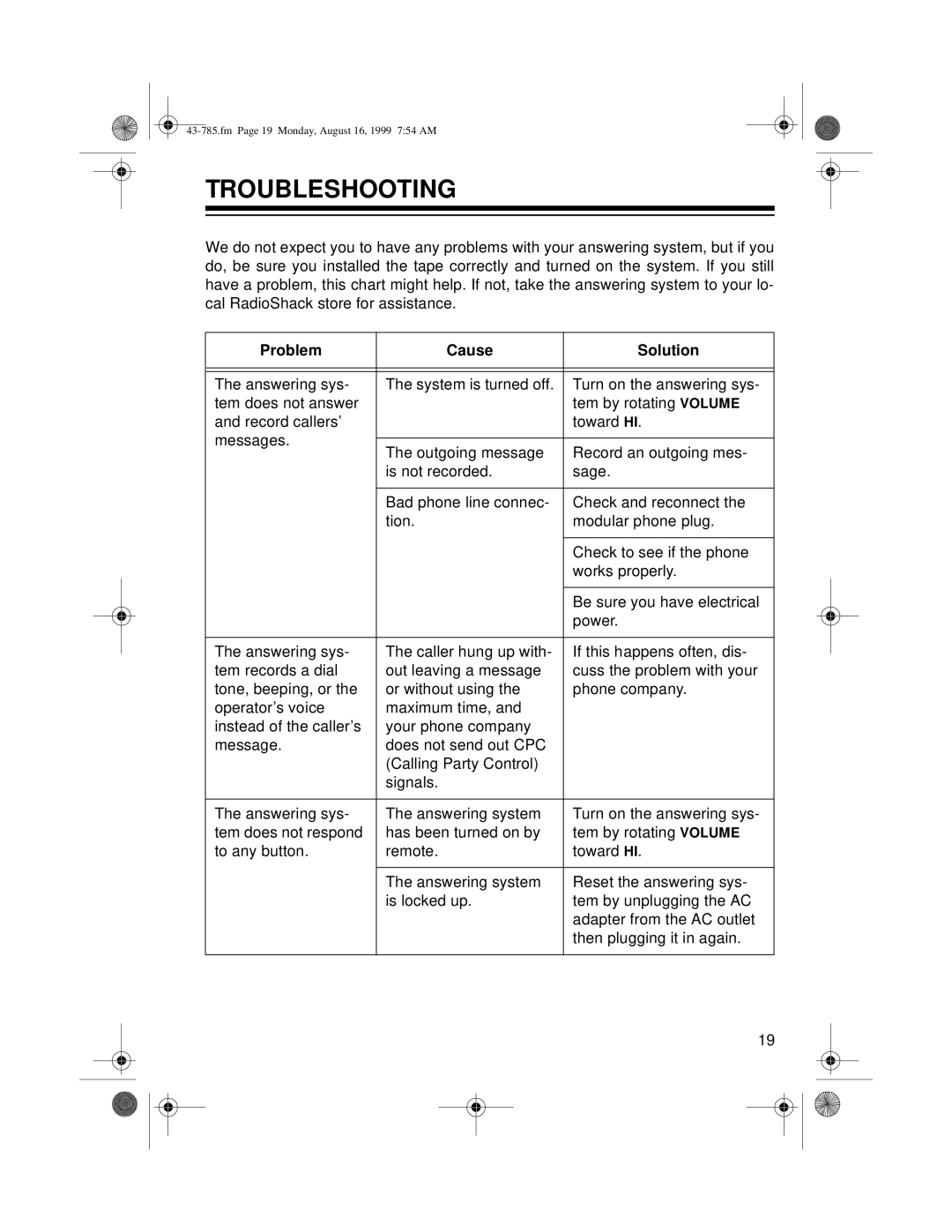 Radio Shack TAD-285 owner manual Troubleshooting, Problem Cause Solution 